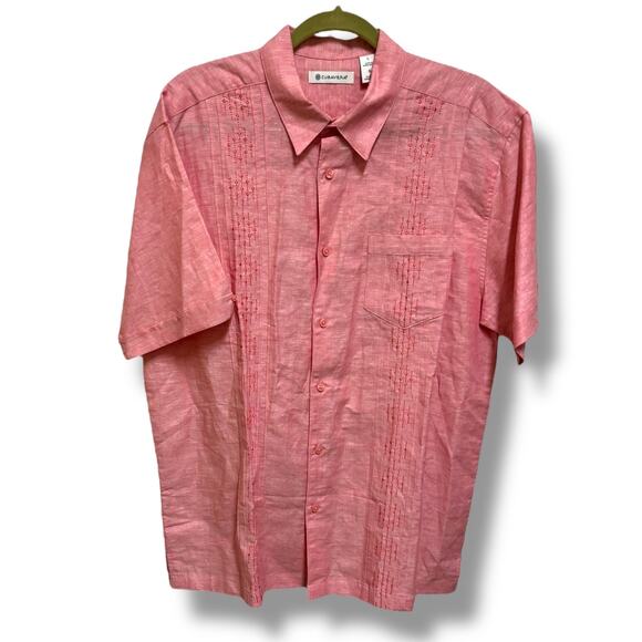 Cubavera Men's Embroidered Pintucked Panel Button Down Shirt Pink Linen L - Picture 5 of 9